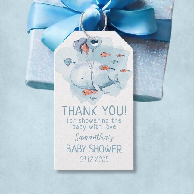 Anpassningsbar Whale Boy Baby Shower Guests Tack Presentetikett (Custom Whale Boy Baby Shower Guests Thank You Gift Tags
)