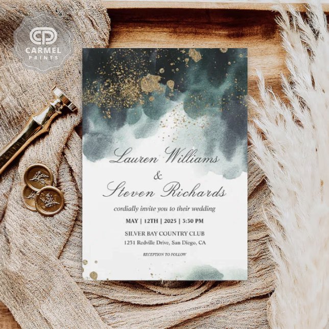 Anpassningsbar White Blue Paint Black Guld Glitter Inbjudningar (Custom White Blue Paint Black Gold Glitter Premium Invitation)