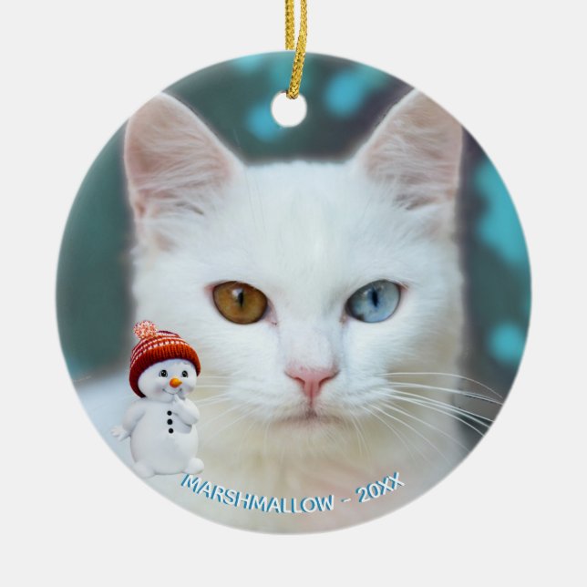 Anpassningsbar White Cat Photo med Cute Snögubbe Julgransprydnad Keramik (Framsidan)