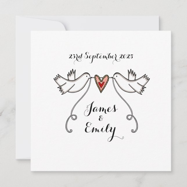 Anpassningsbar White Doves Kärlek Heart Bröllopsin Inbjudningar (Framsida)