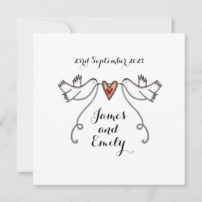 Anpassningsbar White Doves Kärlek Heart Bröllopsin Inbjudningar (Framsida)