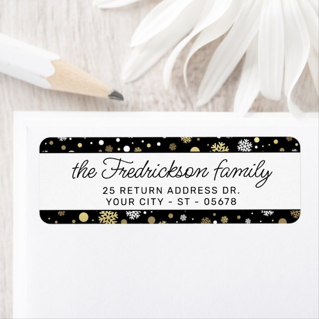 Anpassningsbar White Guld Snöflingor Polkadots on  Returadress Etikett (Insitu)