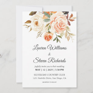 Anpassningsbar White Rosa Peach Rustic Ro bröllop Inbjudningar