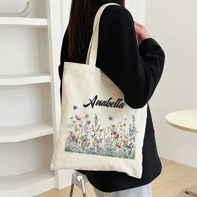 Anpassningsbar Wildblommor Bag för Birthday eller  Tygkasse (personalized name tote, bridesmaid gift, bridesmaid proposal tote, bridal shower gift, bachelorette)