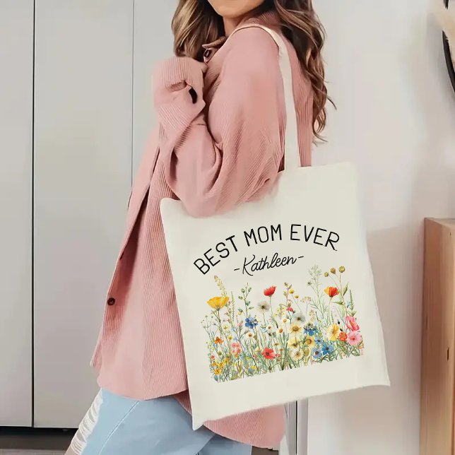 Anpassningsbar Wildblommor Tote Bag, Best Mamma nå Tygkasse (Mother’s Day gift bag, birthday present for mom, Christmas gift for her, baby shower tote, )
