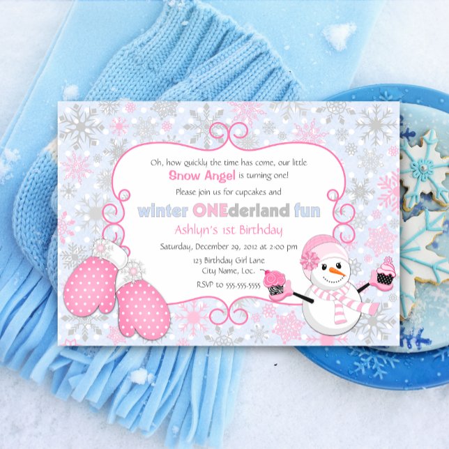 Anpassningsbar Winter One-derland 1:a födelsedag Inbjudningar (Winter one-derland birthday party invitation for first birthday party, front view.)