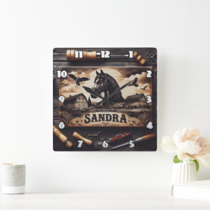Anpassningsbar Wood Engrining of Horse and Barns Fyrkantig Klocka