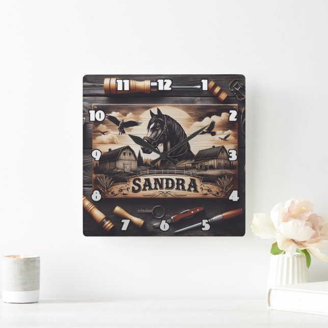Anpassningsbar Wood Engrining of Horse and Barns Fyrkantig Klocka (Hem)