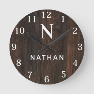 Anpassningsbar Wood Struktur Namn Monogram Rund Klocka