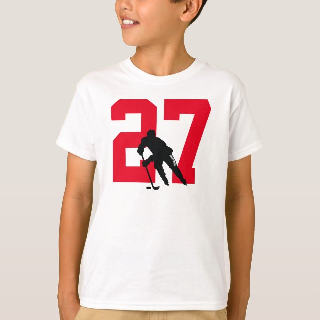 Anpassningsbar Youth Hockey Player Number Red T Shirt (Framsida)