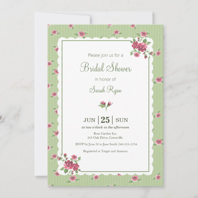 Anpassningsbara Blommiga Rosor Rosa Gröna Randiga  Inbjudningar (Framsida)