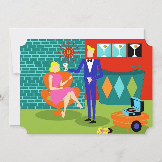 Anpassningsbara Retro Martini Par Inbjudningar (Framsida)