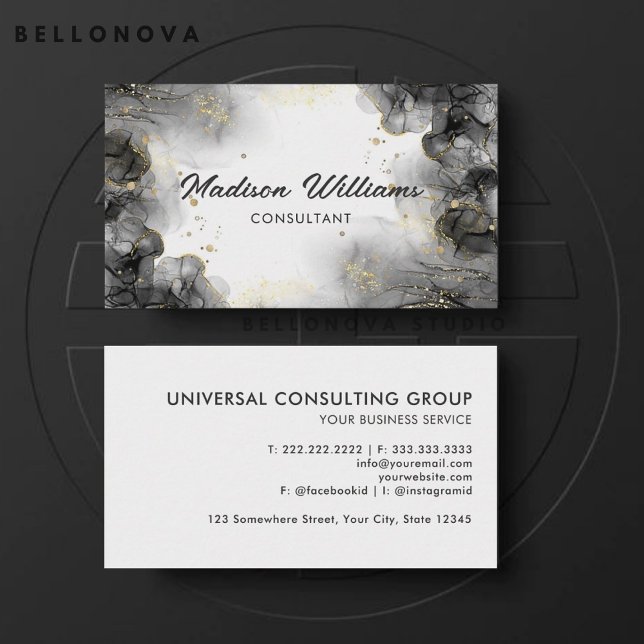 Anpassningsbara Svart Guld Vitt Grått  Professione Visitkort (Customizable Black Gold White Grey Professional Business Card)