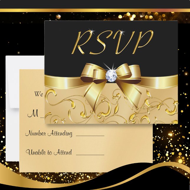 Anpassningsbara svarta och guld RSVP-kort Ditt Tex OSA Kort (Anniversary RSVP Cards. RSVP cards for Wedding. Black and Gold RSVP Cards. Anniversary RSVP Cards.)