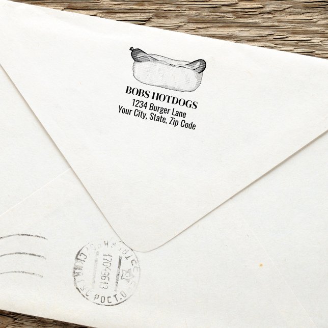 Anpassningsbarna Adress i Modern Business Hett Hun Självfärgande Stämpel (Hot dog restaurant business return address stamp.)