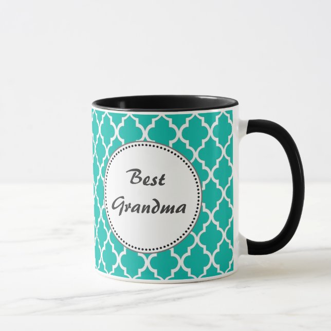 Anpassningsbarna anpassar teal quatrefoil monogram mugg (Höger)
