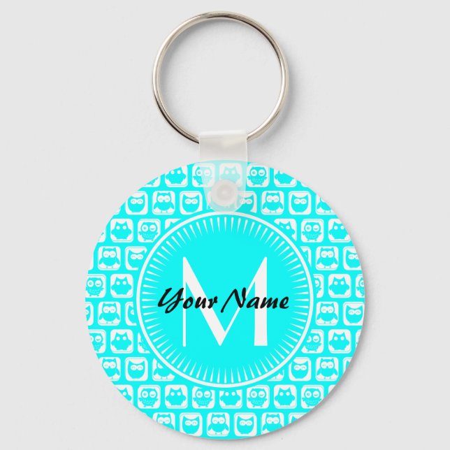 Anpassningsbarna Aqua Uggla Mönster Monogram Perso Nyckelring (Framsida)