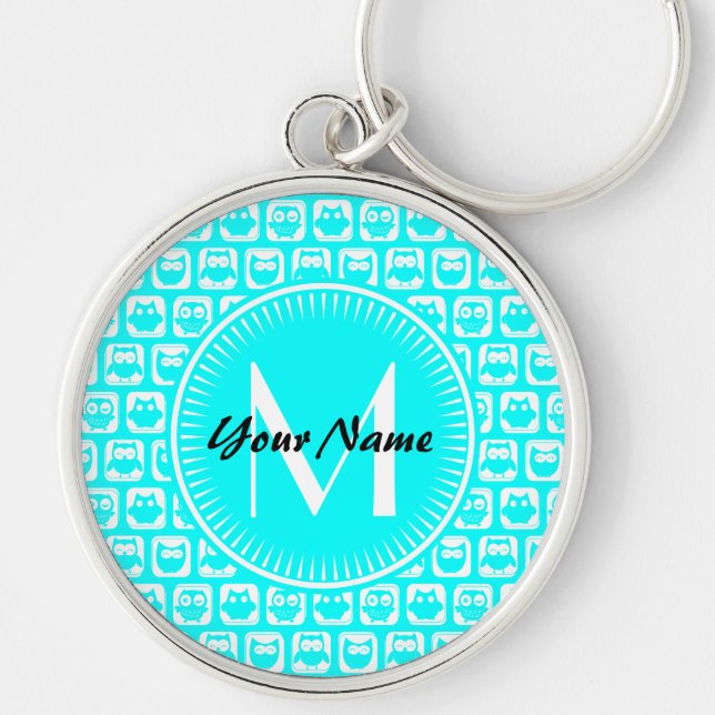 Anpassningsbarna Aqua Uggla Mönster Monogram Perso Rund Silverfärgad Nyckelring (Framsidan)