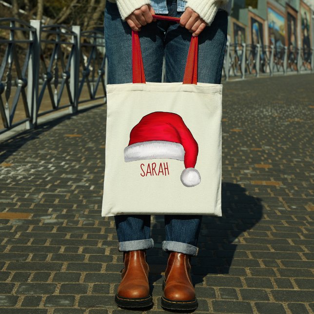 Anpassningsbarna  av julklapp Röda Jultomten Tygkasse (Red Santa Claus whimsical typography tote bag)