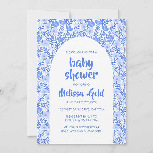 Anpassningsbarna BABY SHOWER Blommigt Arch Blue Fl Inbjudningar (Framsida)