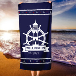 Anpassningsbarna Beach Towel Nautical Navy Lightho