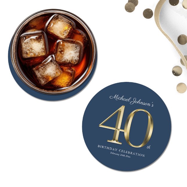 Anpassningsbarna Blå Guld 40:e födelsedag Party Underlägg Papper Rund (Navy Blue Gold Custom 40th Birthday Party Round Paper Coaster)