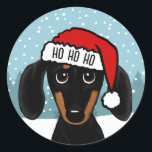 Anpassningsbarna Black och Tan Dachshund Santa Cut Runt Klistermärke<br><div class="desc">Sprid helgdag munter med det här vackra julklistermärket! Dekalen har en illustrerad svart och brun dachshund med en ljusröd tomtehatt med vit trim. HO HO kan vara personlig med namn eller annan text. Dessa skal- och klistermärken kan användas för att försegla kuvert eller paket för helgdagarna på ett sött och...</div>