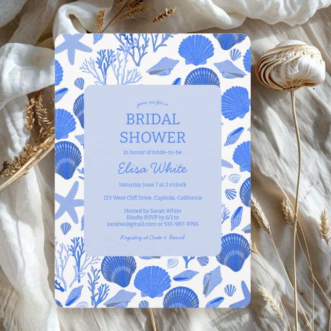 Anpassningsbarna Blåsegment för Seashells Möhippa  Inbjudningar (Seashells Bridal Shower Elegant Blue Beach CUSTOM Invitation
)