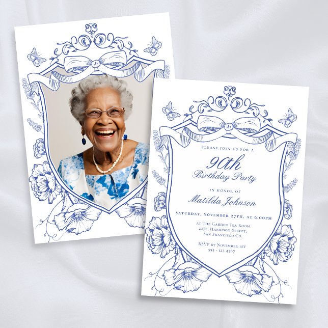 Anpassningsbarna Blått Blommigt Foto 90:e Födelsed Inbjudningar (Blue Floral Custom Photo 90th Birthday Party Invitation)