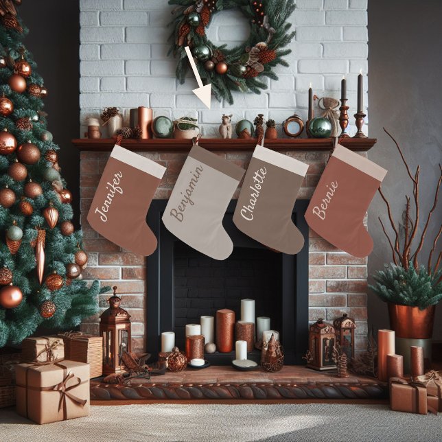 Anpassningsbarna Brown Jul Toffee Beige Calligraph Stor Julstrumpa (brown christmas stocking personalized toffee beige name calligraphy)