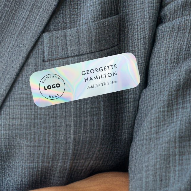 Anpassningsbarna Business Logotyp Corporate Irides Namnbricka (Minimalist Business Logo Holographic Navy Blue Name Badge)