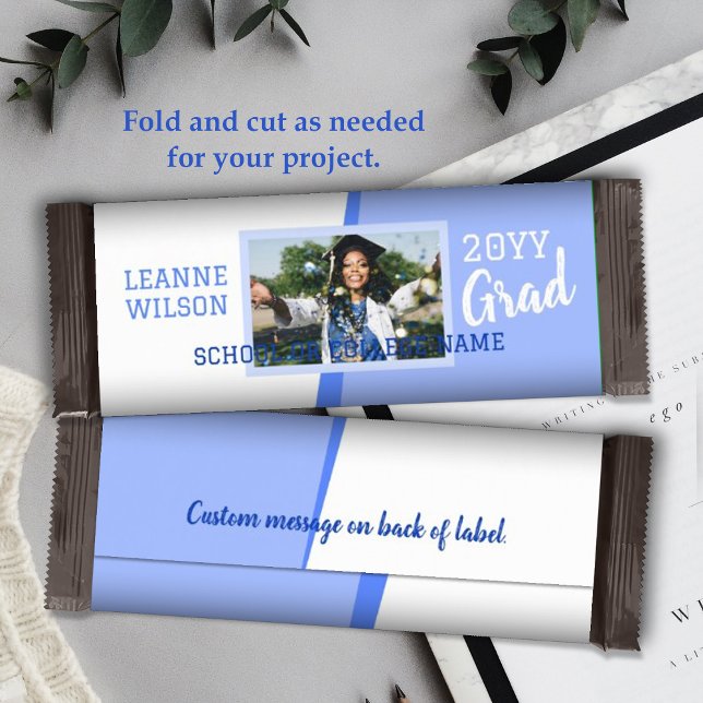 Anpassningsbarna Candy Pub Wrapper med ljusblå Stu Flygblad (light blue school colors graduation personalized candy bar wrapper, diy chocolate bar label for grad)