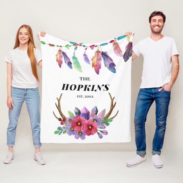 Anpassningsbarna Colorful Boho Feathers and Flower Fleecefilt (På plats)