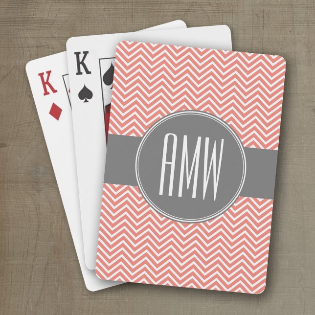 Anpassningsbarna Coral Peach Grått Chevrons  Tripl Kortlek (Personalized playing cards)
