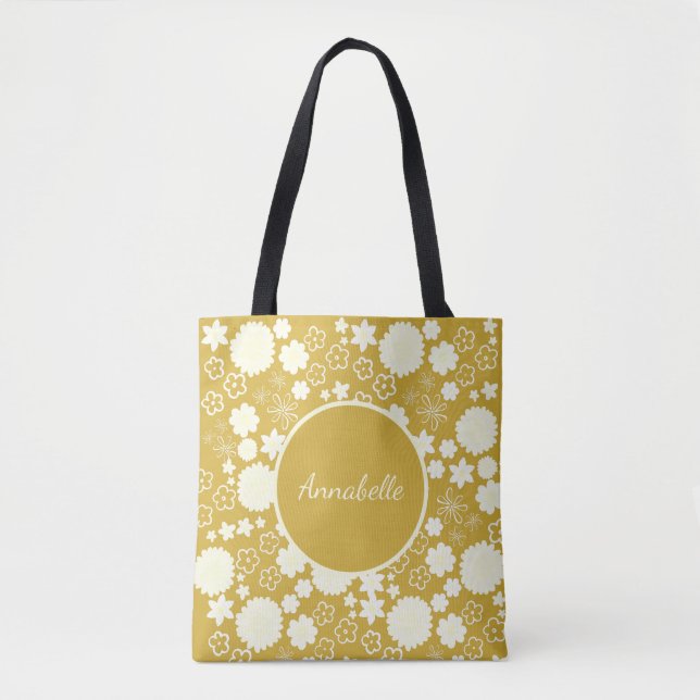 Anpassningsbarna Cream Flowers i Blommönstret Guld Tygkasse (Framsida)