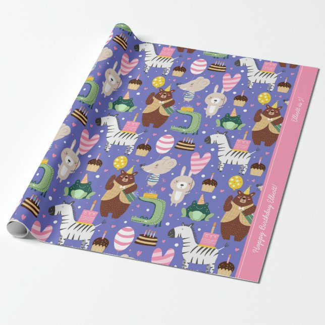 Anpassningsbarna Cute Animal Mönster Grattis på fö Presentpapper (Utrullad)