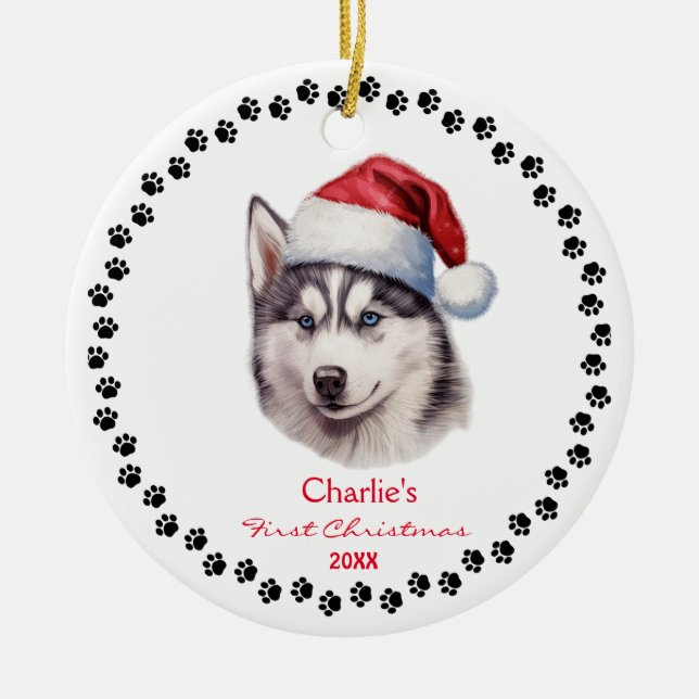 Anpassningsbarna Cute Siberian husky Hund Santa Ha Julgransprydnad Keramik (Framsidan)