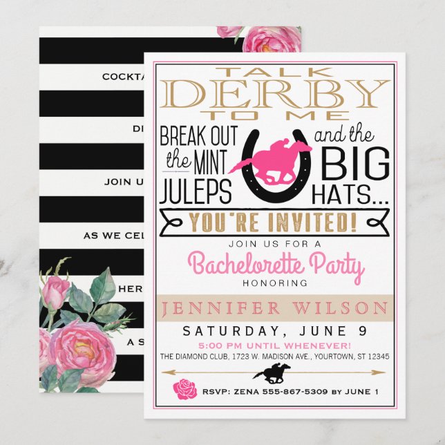 Anpassningsbarna Derby Bachelorette Black/Guld/Ros Inbjudningar (Fram/baksida)