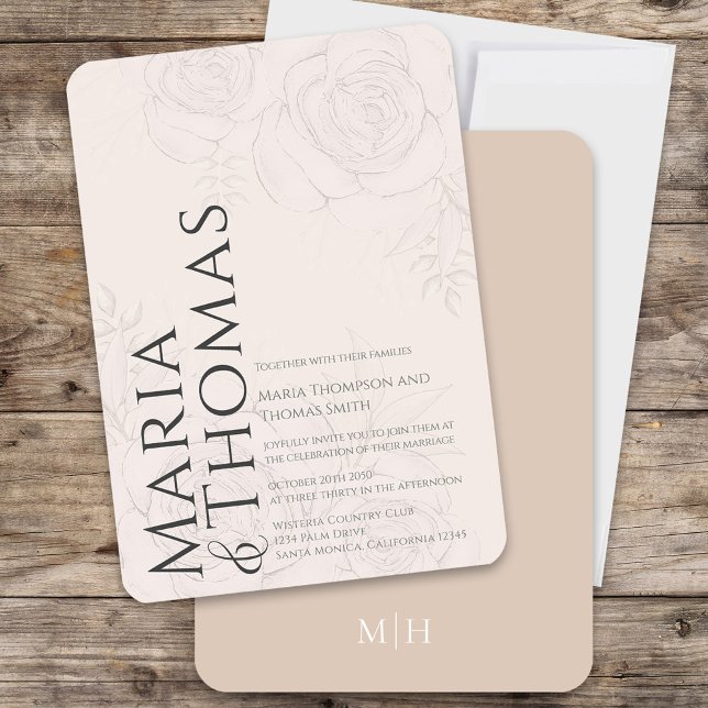 Anpassningsbarna Elegant bröllop vid  Blommigt Inbjudningar (Modern style typography wedding invitation with classic blush floral background, )