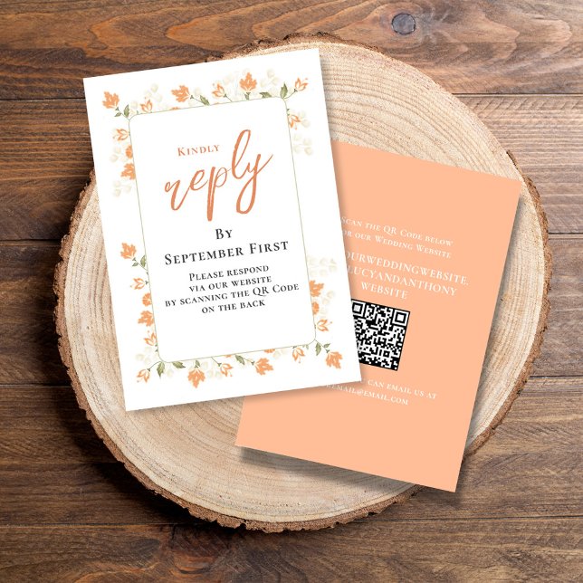 Anpassningsbarna elegant Peach-Bröllop OSA Kort (Simple Wedding reply card with a peach floral design and QR code template.)