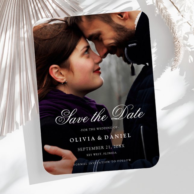 Anpassningsbarna elegant Skript Foto Spara datum B Magnet (Save the Date Photo Wedding Magnet)