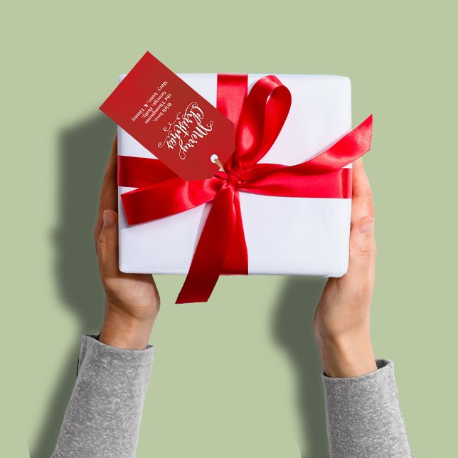 Anpassningsbarna Enkel röd i god jul-skript Presentetikett (Red and white Merry Christmas custom gift tag. )