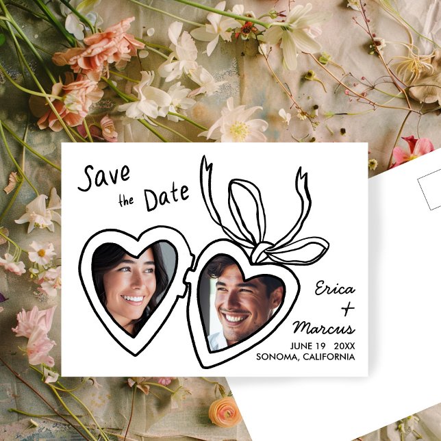 Anpassningsbarna för att spara datum för Cute Hear Vykort (Cute Heart Locket Custom Photos Save the Date Postcard
Black and White Doodle Sweet)