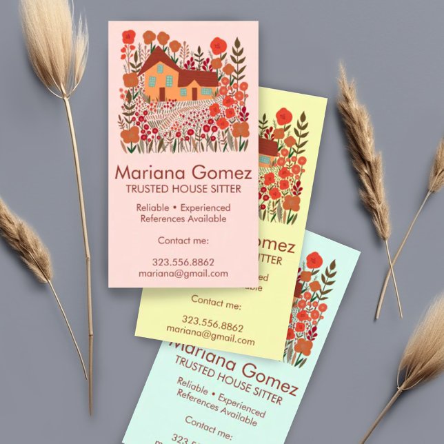 Anpassningsbarna för husvakten Sitta Garden Farmho Visitkort (Custom house sitting business card with cute illustration of house and garden)