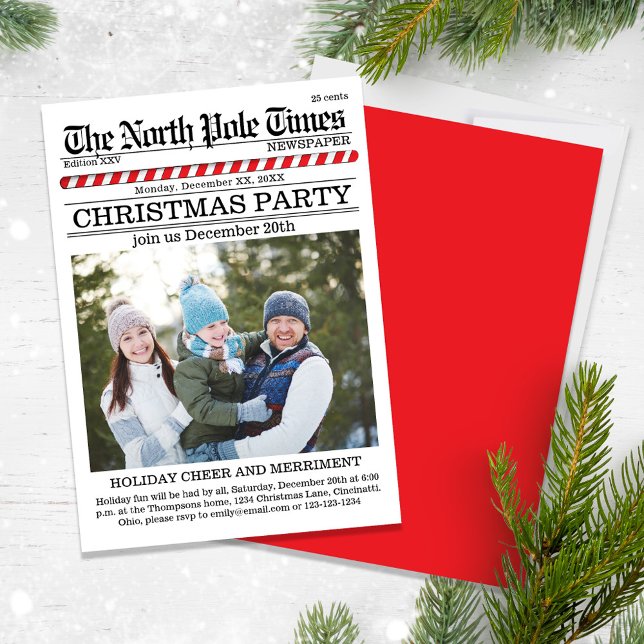 Anpassningsbarna  för Party Cute Newspaper Inbjudningar (A Cute fun whimsical Christmas party with a fun newspaper design.)