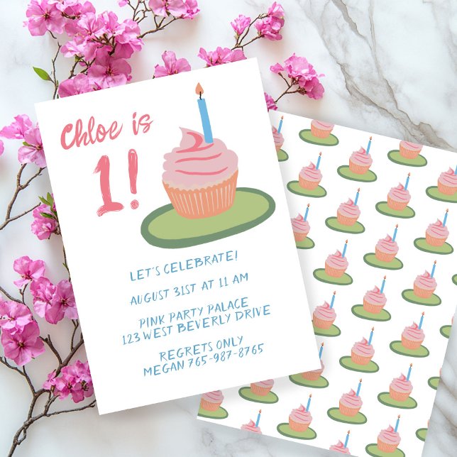 Anpassningsbarna för Partyna cupakor i BABY 1:a fö Inbjudningar (Whimsical BABY 1st Birthday Party Cupcake Custom Invitation
)