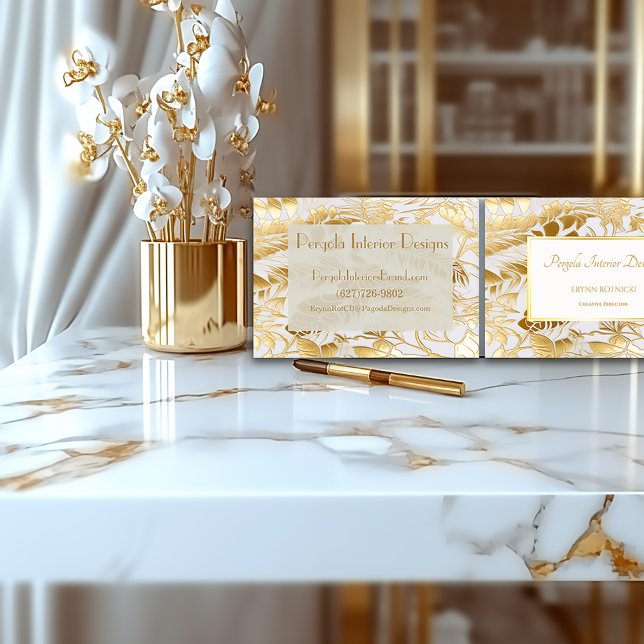 Anpassningsbarna för utformning av lyxgdlystna Gul Visitkort (Stylish Luxury Monstera Leaf Gold and Ivory Business Cards )