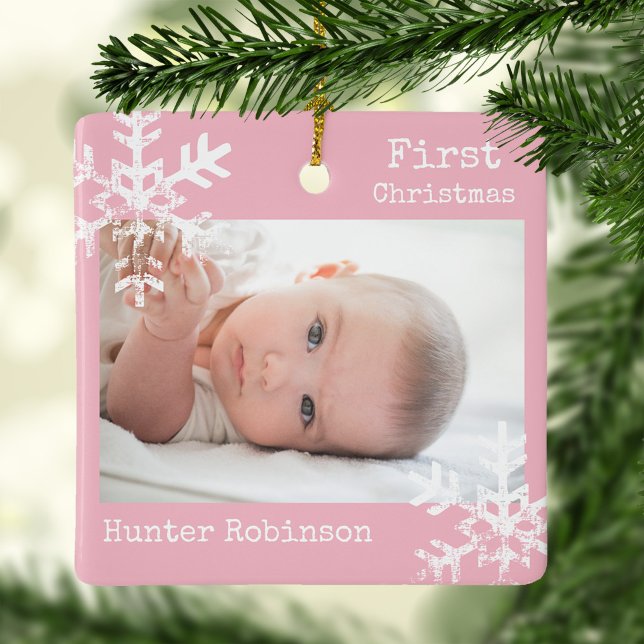 Anpassningsbarna Foto med Snöflingor i första jule Julgransprydnad Keramik (Rustic snowflake family holiday keepsake photo ornament perfect for gifts to bring joy to others.)