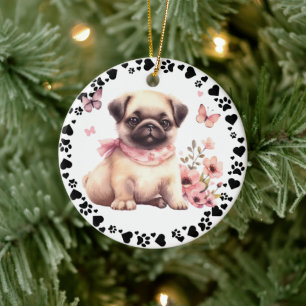 Anpassningsbarna Foto på Cute Pug Hund Hearts-Tass Julgransprydnad Keramik