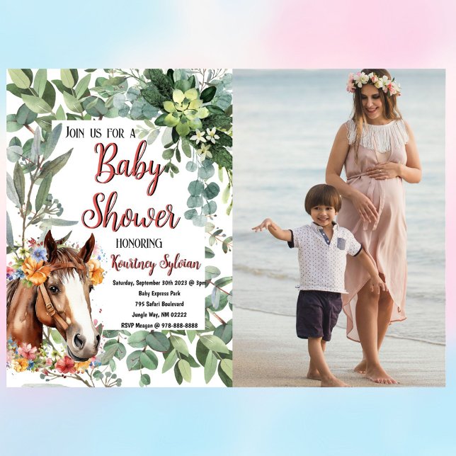 Anpassningsbarna Fotobabyskor för Blommigt av vatt Vykort (Horse baby shower watercolor post card, celebrate your baby shower in style!)